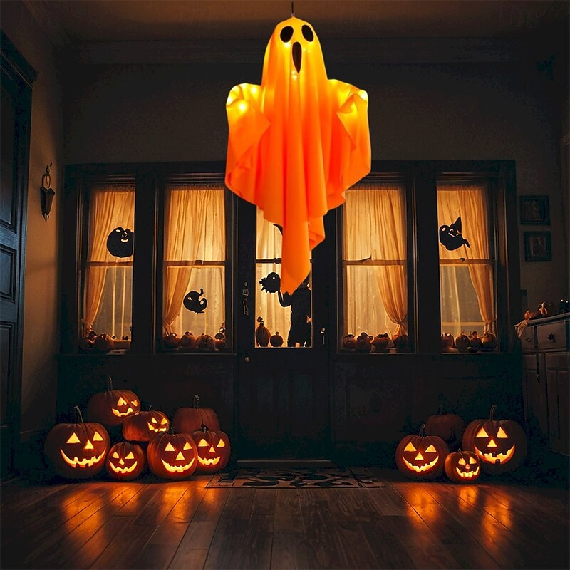 1pc Halloween Decorations Lighted Ghost Hanging Light Porch, Adjustable Arms for Glass Window, Indoor & Outdoor Tree Decor - Festive Atmosphere Decorative Light with 3 Lighting Modes (White & Orange)3