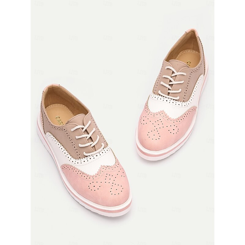 Women's Pink and Beige Brogue Oxford Sneakers, Lace-Up Casual Shoes with Wingtip Detailing for Everyday Wear3