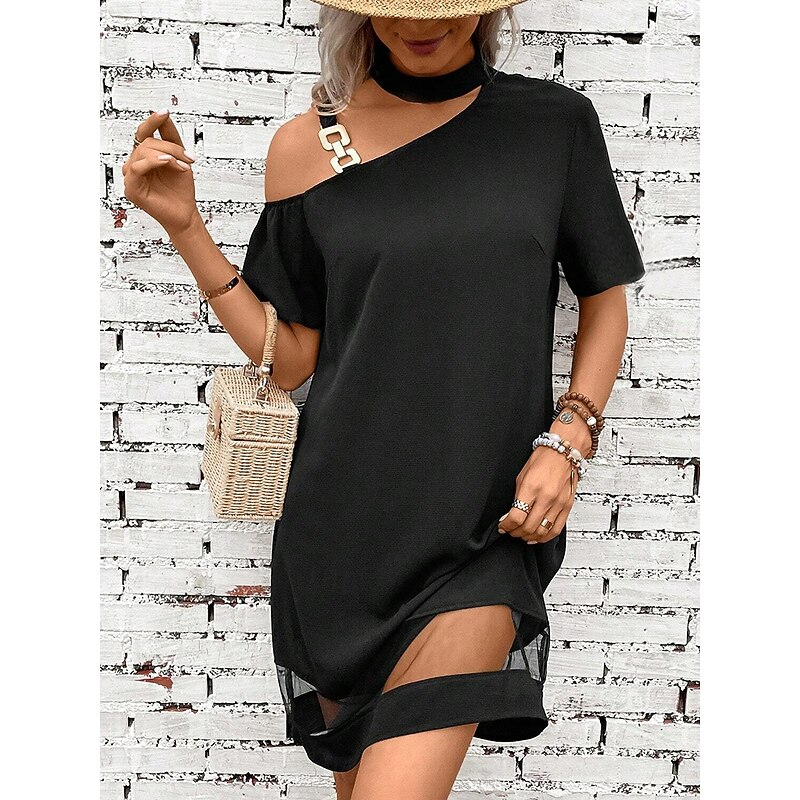 Women's Midi Dress Black Dress Cocktail Dress Formal Dress Plain Dress Vintage Casual Street Date Loose Fit Plain Short Sleeve One Shoulder Black Summer Spring3