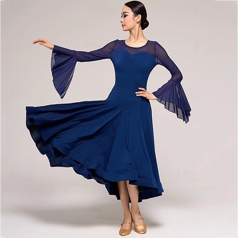Ballroom Dance Dress Pure Color Splicing Women's Performance Party Long Sleeve Crystal Cotton Mesh