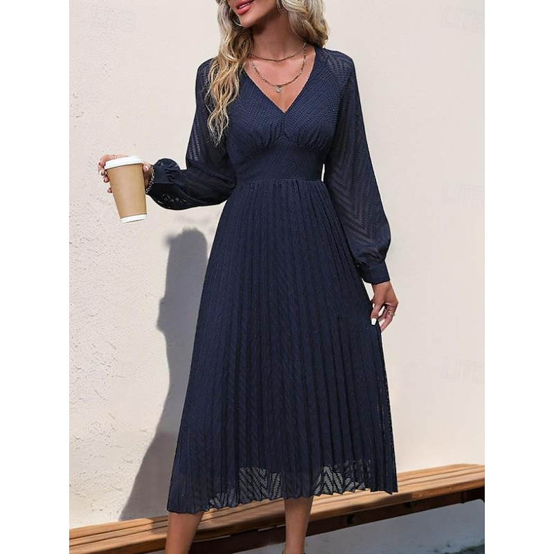 Women's Plain Dress Midi Dress Mesh Patchwork Elegant Vintage V Neck Long Sleeve Black Blue Color2