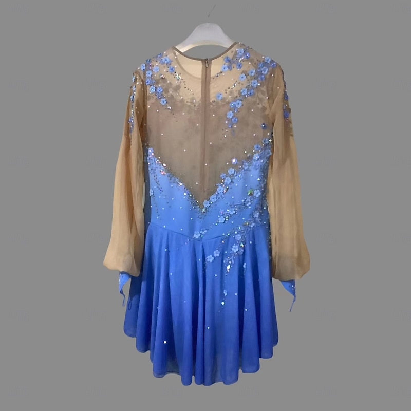 Figure Skating Dress Women's Girls' Ice Skating Dress Blue Patchwork Thumbhole Mesh Spandex Stretchy Training Practice Professional Skating Wear Thermal Warm Classic Crystal / Rhinestone Long Sleeve2