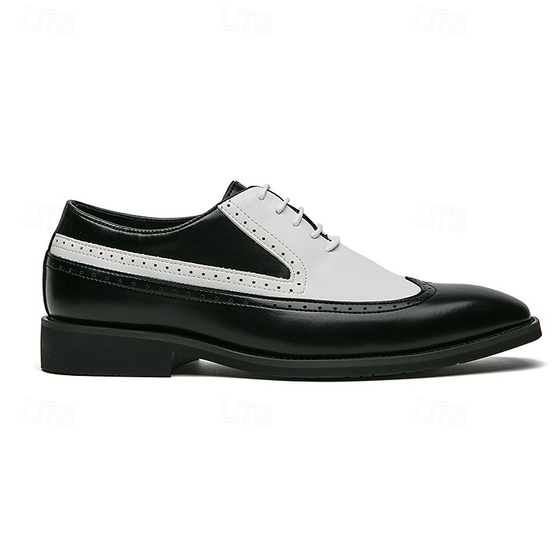 Men's Black and White Wingtip Oxford Shoes with Brogue Detailing - Classic Two-Tone Faux Leather Dress Shoes for Formal and Vintage-Inspired Outfits4