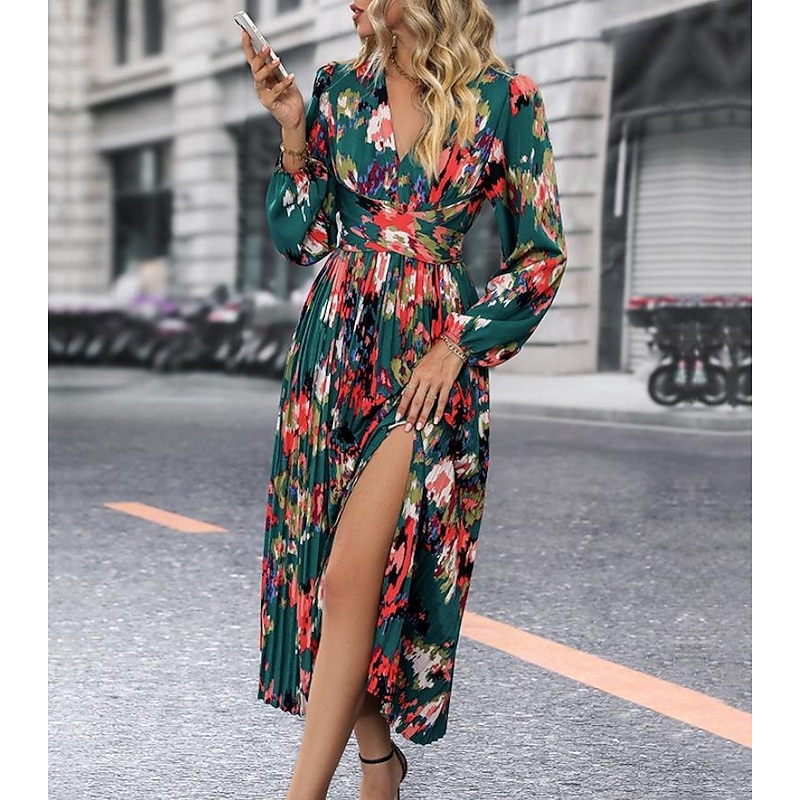 Women's Graphic Print V Neck Long Dress Maxi Dress Long Sleeve Spring Fall2