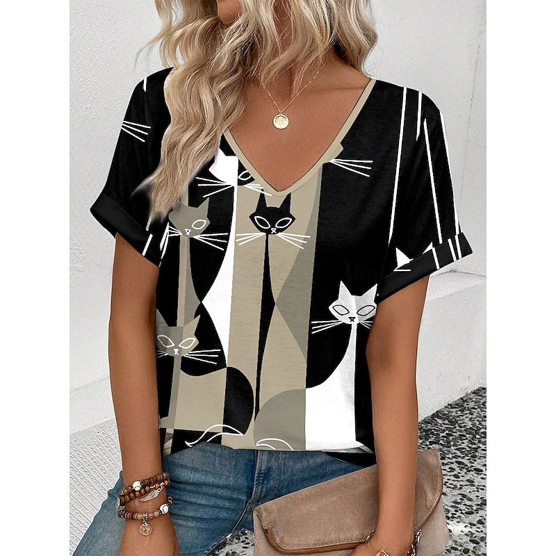 Women's T Shirt Casual Color Block Cat Print Short Sleeve Regular Tops V Neck Daily Khaki Summer