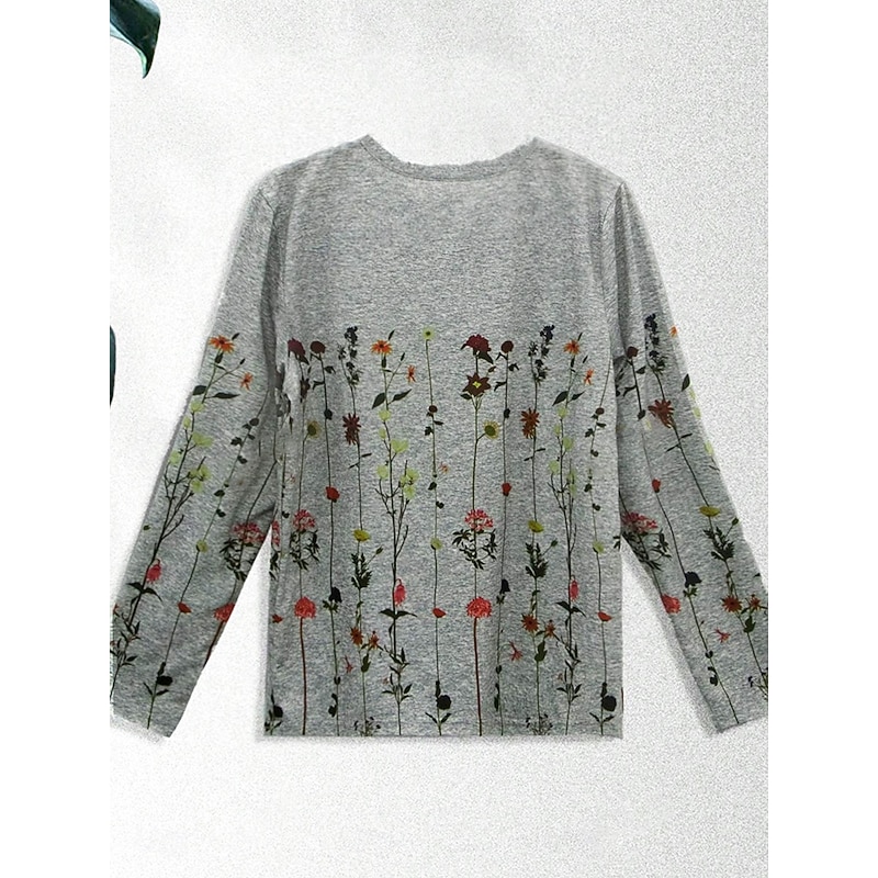 Women's T shirt Crew Neck Long Sleeve Tunic Casual Print Regular Tops Daily Gray Spring Fall2