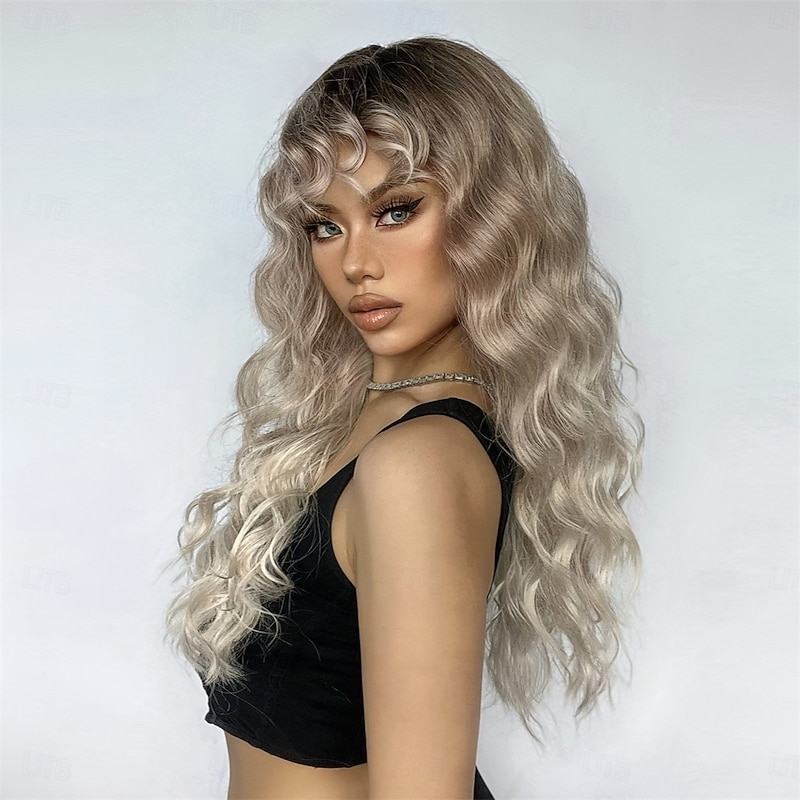 Synthetic Wig Wavy Bouncy Curl Middle Part Wig 26 inch Light golden Synthetic Hair Women's Middle Part Cool Adorable Blonde4