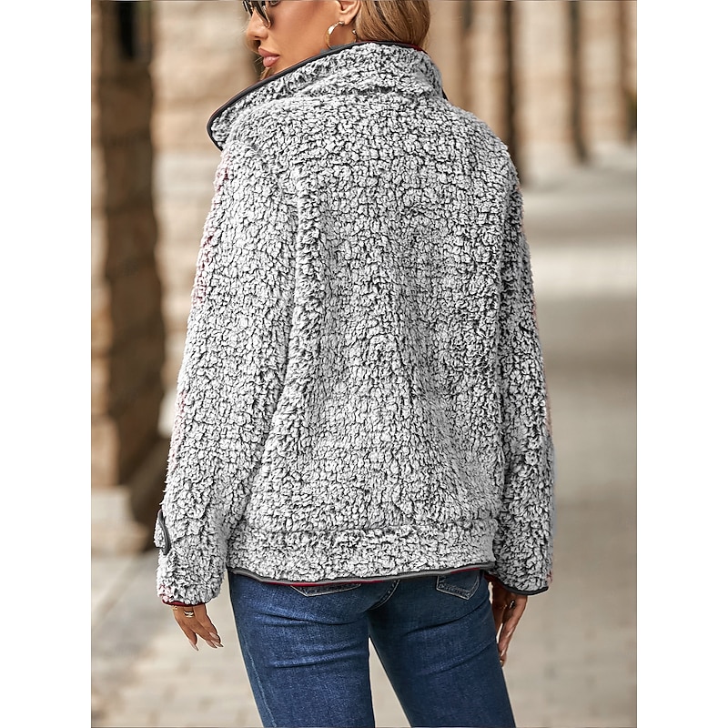 Women's Teddy Coat Warm Buttons Pocket Fashion Daily Modern Solid Color Work Casual Single Breasted Regular Turndown Regular Fit Long Sleeve Outerwear Red Gray Fall Winter2