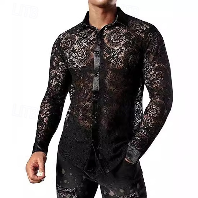 Men's Sheer Lace Button Down Shirt with Flower Design  Nightclub Party/Casual Wear