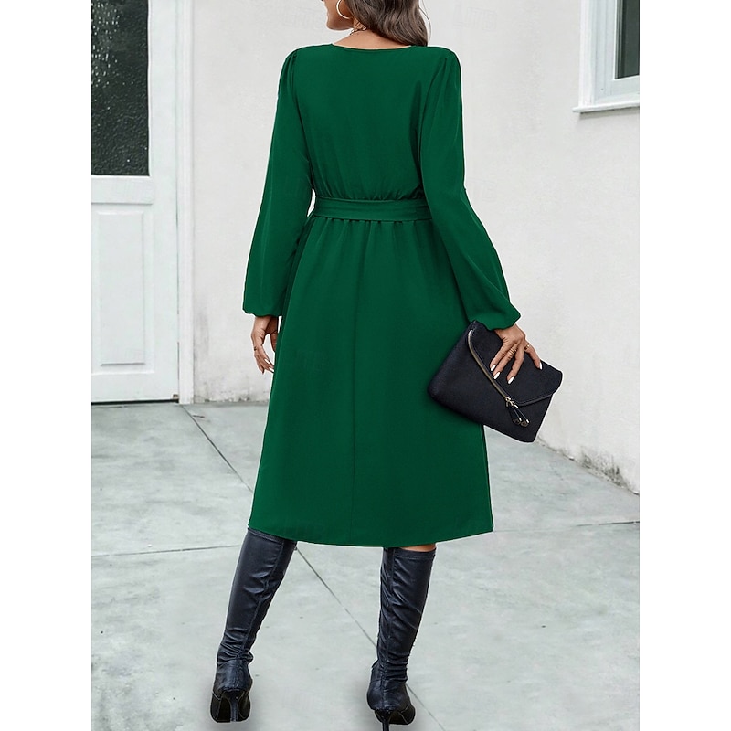 Women's Midi Dress Elegant Dark Green Long Sleeve Belted V-Neck Button Detail Work Casual A-line Flowy Versatile Autumn Spring Clothing Apparel4