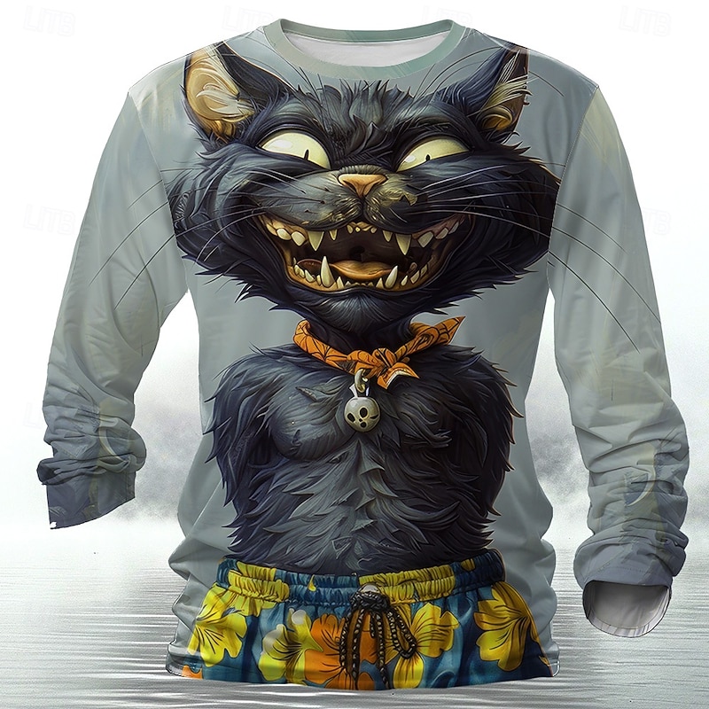 Men's Cat T Shirt Long Sleeve T shirt 3D Print Crew Neck Shirt Designer Retro Vintage Street Casual Daily Yellow Red Blue Summer Spring Fall Clothing Apparel S M L XL XXL XXXL2