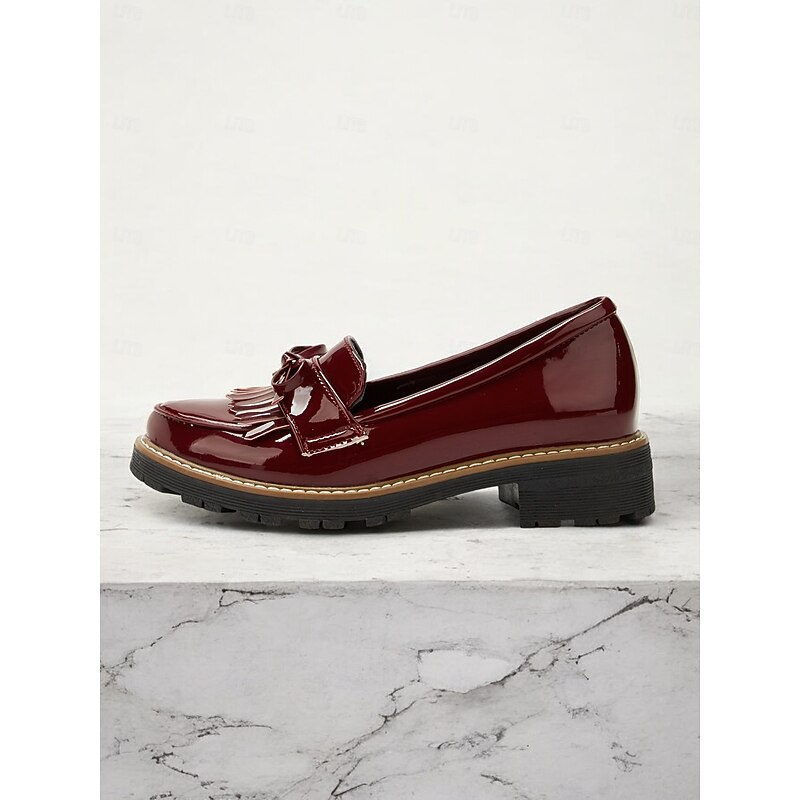 Women's Burgundy Patent Leather Loafers with Fringe Tassel Detail and Chunky Heel, Perfect for Office Wear and Casual Outfits