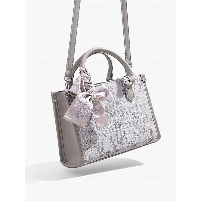 Women's Elegant Silver Floral Embossed Handbag with Oversized Bow | Versatile Crossbody Bag for Evening Events and Daily Use2