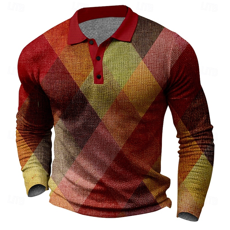 Men's Plaid Golf Shirt Long Sleeve Polo Shirts Collared Shirts Vintage Casual Vacation Wear Formal Wear Festival Wear Buttons 3D Print Spring Fall Winter Red Green