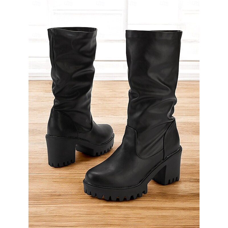 Women's Black Chunky Heel Slouchy Boots with Lug Sole – Retro Faux Leather Mid-Calf Boots for Fall and Winter