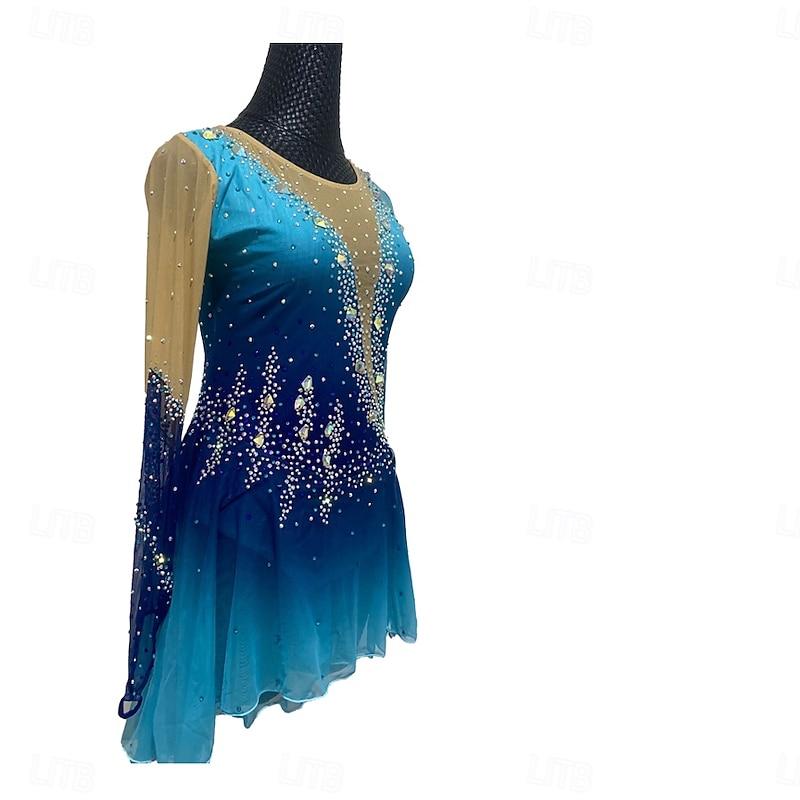 Figure Skating Dress Women's Girls' Ice Skating Dress Royal Blue Patchwork Thumbhole Stretchy Training Practice Professional Skating Wear Crystal / Rhinestone Long Sleeve Ice Skating Figure Skating4