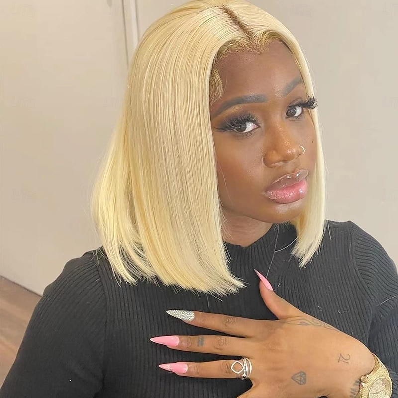 Remy Human Hair 13x4 Lace Front 4x4 Lace Front Wig Bob Short Bob Side Part Brazilian Hair Straight Blonde Wig 130% 150% 180% Density with Baby Hair Natural Hairline Glueless With Bleached Knots3