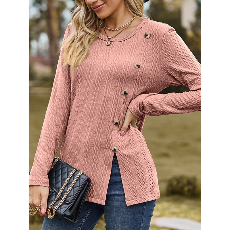Women's Going Out Tops Stylish Basic Solid Color Buttons Asymmetrical Long Sleeve Regular Tops Crew Neck Daily Dusty Rose Spring Fall Winter3