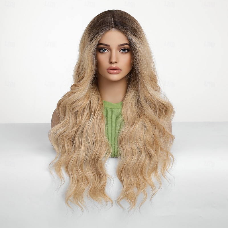 Synthetic Lace Wig Body Wave Style 26 inch Blonde Middle Part U Part Wig Women's Wig Golden Brown With Blonde2