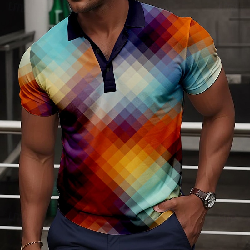 Men's Plaid Golf Shirt Short Sleeve Polo Shirts Collared Shirts Vintage Casual Vacation Wear Formal Wear Festival Wear Buttons 3D Print Summer Black Blue Orange2
