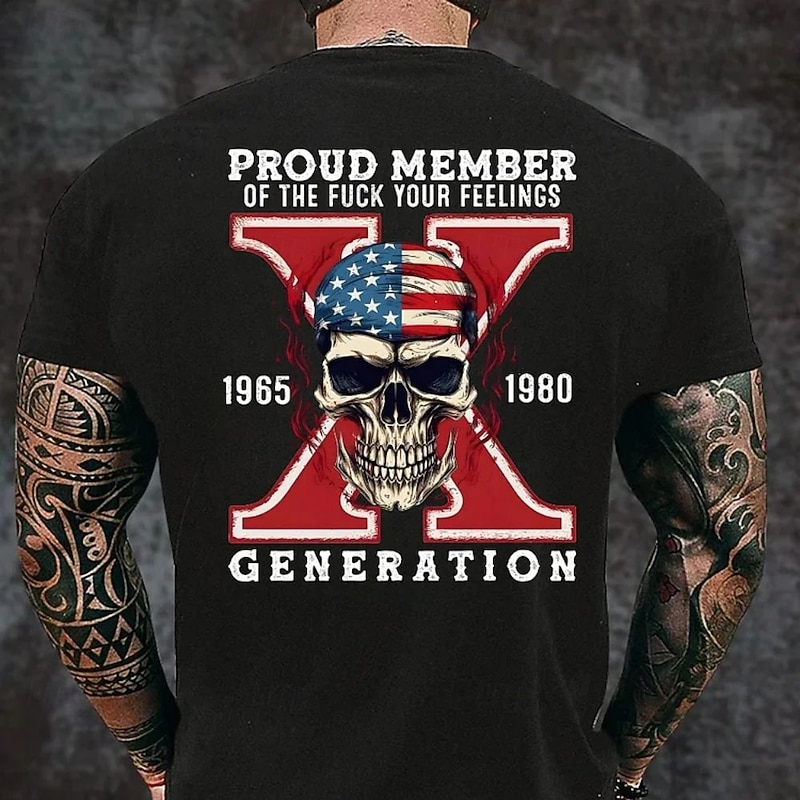 Men's "Fuck Your Feelings" Graphic T-Shirt - Proud Gen X Skull & American Flag Design 1965-1980 Short Sleeve Black2