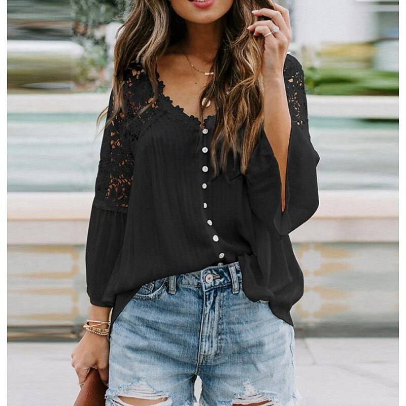Women's White Elegant Lace Tops Eyelet Blouse Stylish Modern Lace Bell Sleeve 3/4 Length Sleeve V Neck Work Daily Black White Purple Green Spring Fall3