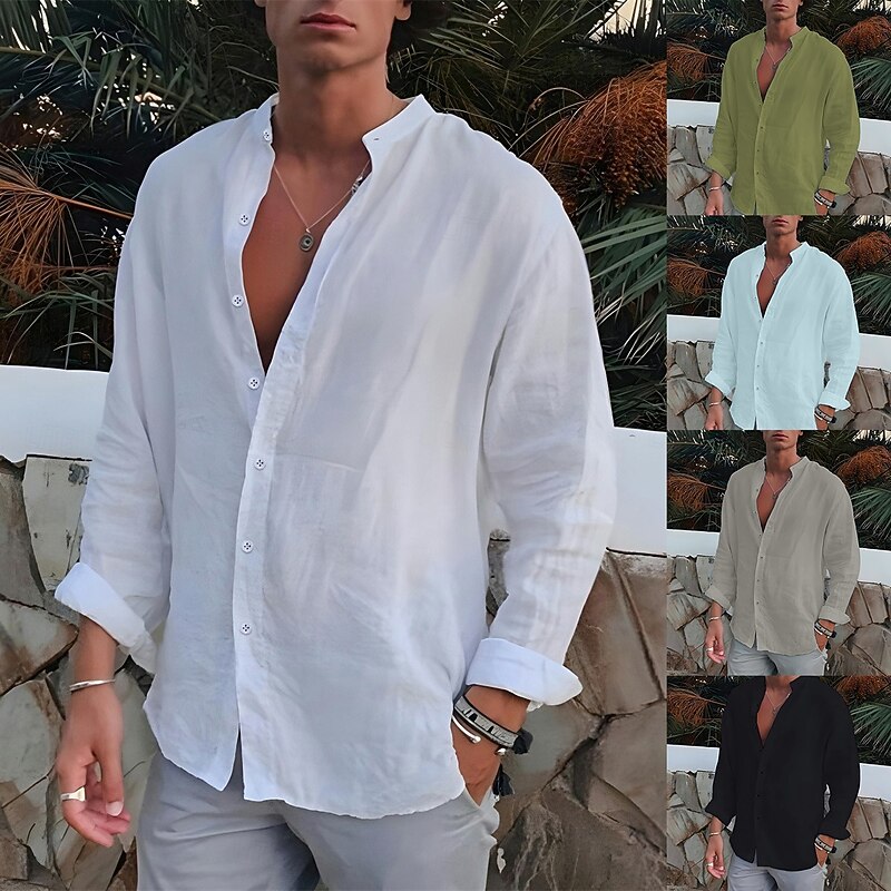 Men's Shirt Band Collar Shirt Summer Shirt Beach Wear Button Up Shirt Plain Outdoor Vacation Black White Blue Green Long Sleeve Turndown Spring &  Fall Clothing Apparel