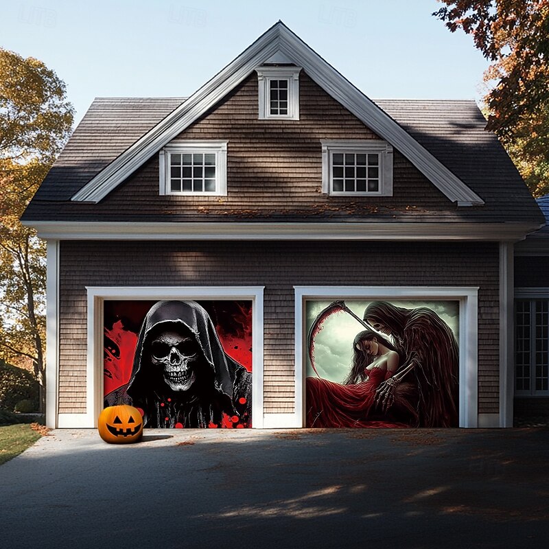 Halloween Door Decorations Outdoor Halloween Garage Door Cover Skeletons Banner Large Tapestry Backdrop Decoration for Holiday Outdoor Garage Door Home Wall Decorations 9
