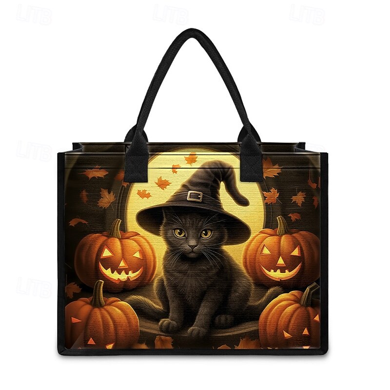Halloween-Themed Tote Bag with Black Cat and Pumpkin Design - Large Capacity Reusable Shopping Bag for Women2