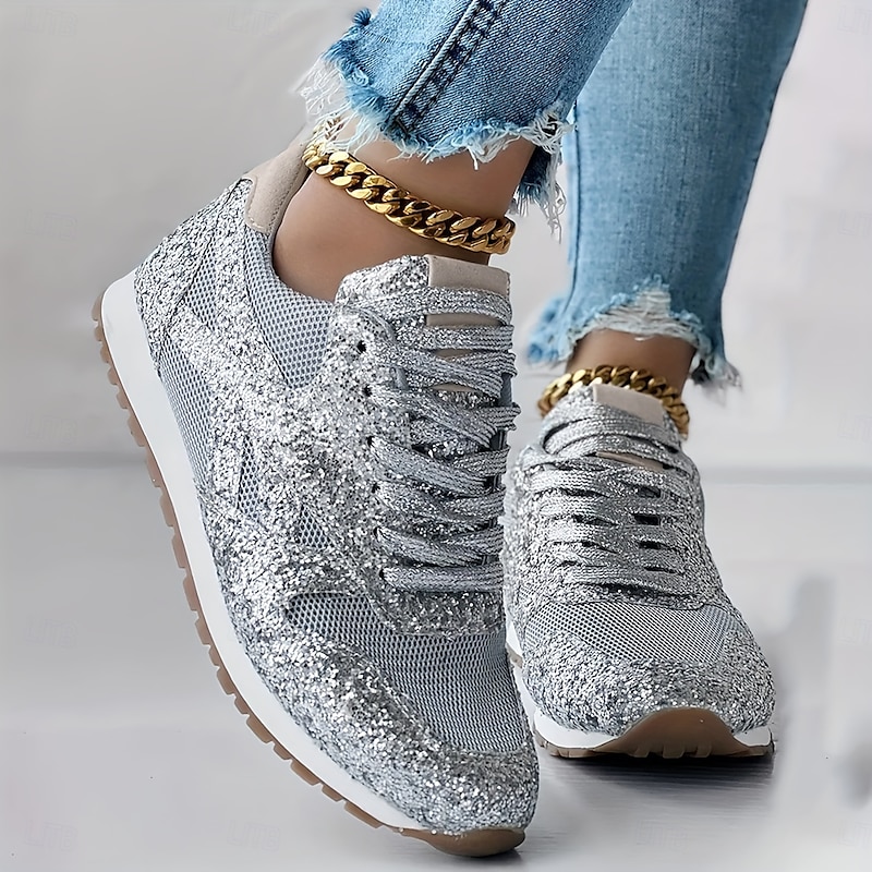 Women's Silver Glitter Sneakers Mesh Lace-Up with Comfortable Sole2