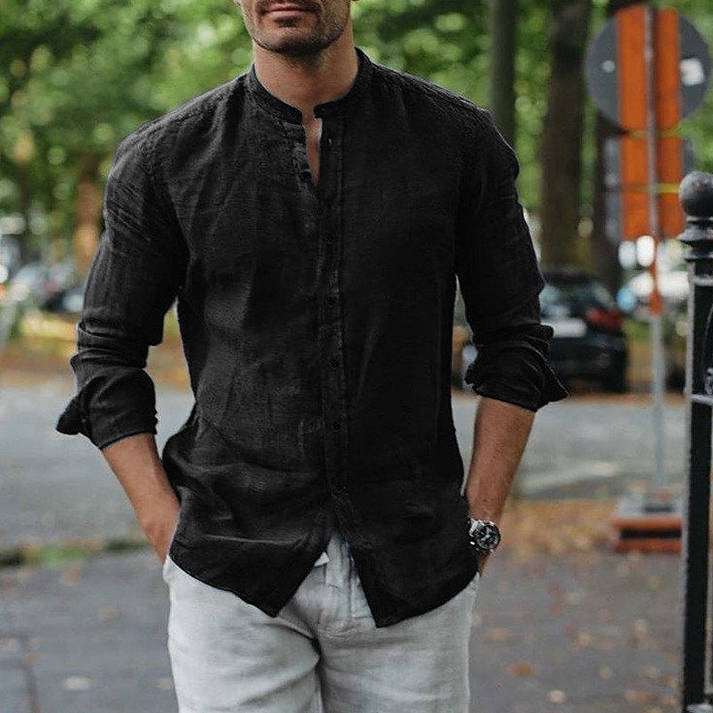 Men's Shirt Band Collar Shirt Summer Shirt Button Up Shirt Casual Shirt Black White Long Sleeve Plain Band Collar Daily Vacation Clothing Apparel Cotton Cotton Blend Fashion Casual Comfortable2