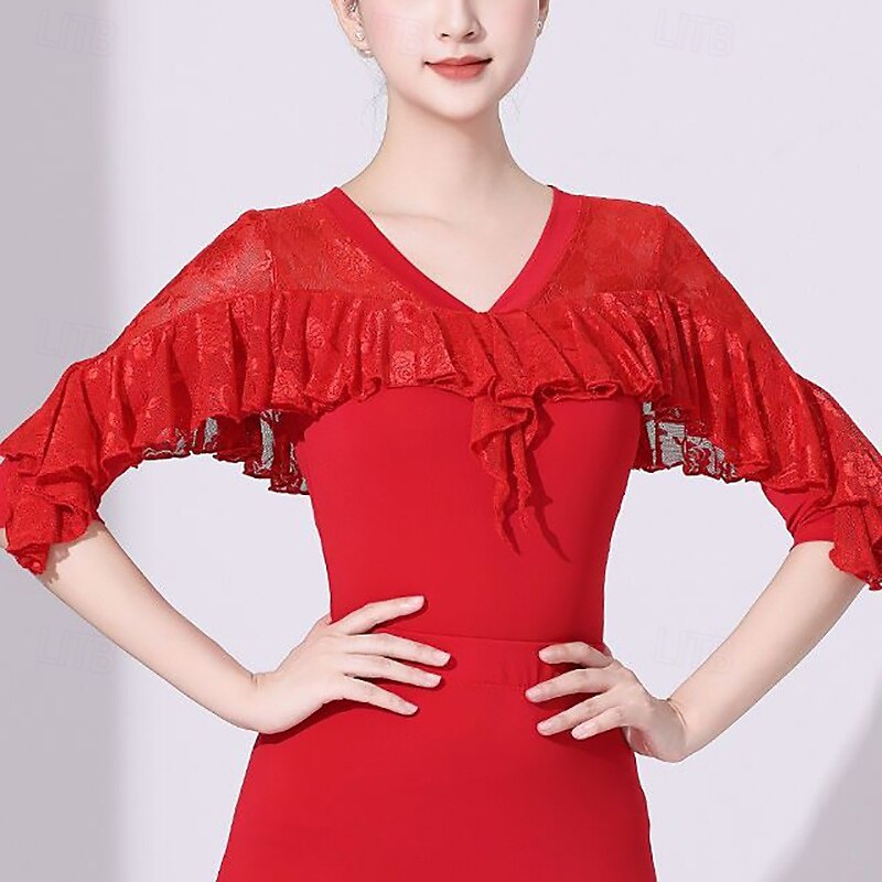 Latin Dance Top Lace Printing Pure Color Women's Performance Training Half Sleeve High Polyester