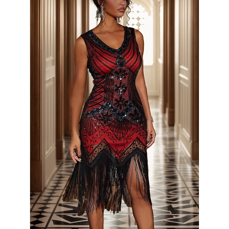 Women's Midi Dress Sequin Dress Vintage Dress Elegant Dress Elegant Retro Boho Daily Evening Party Holiday Regular Fit Geometric Sleeveless V Neck Red Summer Spring