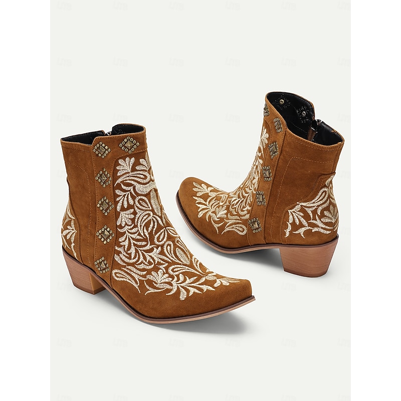 Women's Brown Embroidered Western Ankle Boots with Studded Details - Perfect for Casual Outings and Rodeo Events2