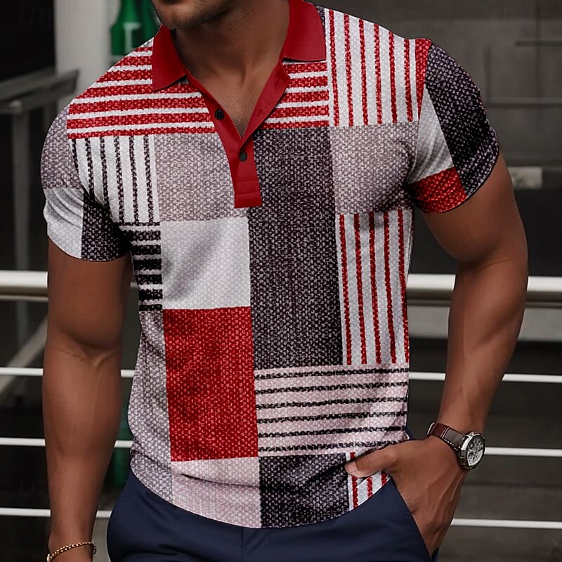 Men's Plaid Golf Shirt Short Sleeve Polo Shirts Collared Shirts Vintage Casual Vacation Wear Formal Wear Festival Wear Buttons 3D Print Summer Red Blue Green4