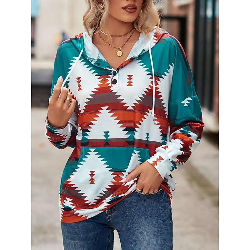 Women's Hoodie Sweatshirt Casual Geometric Dailywear Crew Neck Long Sleeve Yellow Pink Blue Green Fall Winter