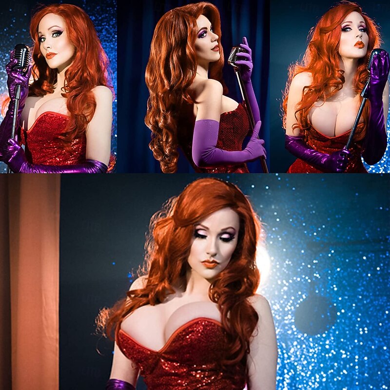 Wigs for Jessica Rabbit Costume Copper Red Mermaid Long Wavy Wigs for Women Halloween Party Daily Use3