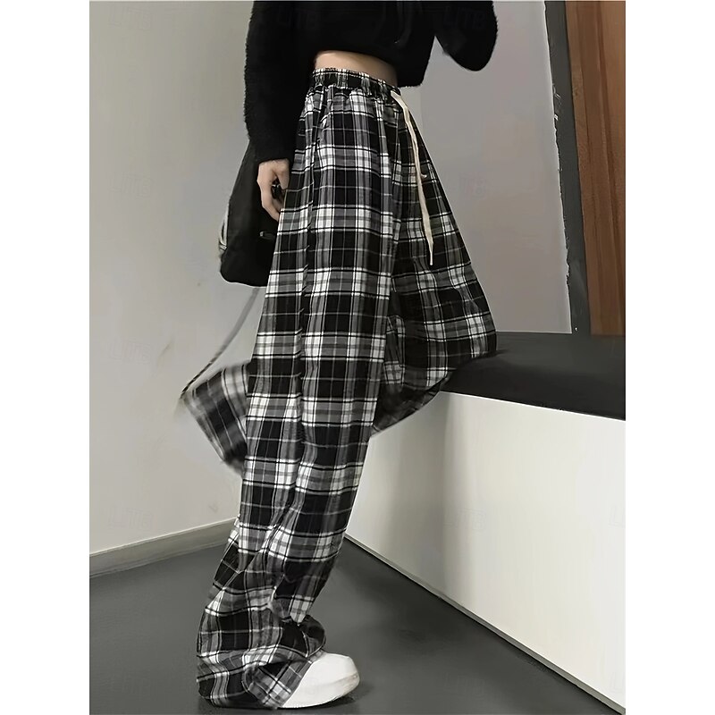 Women's Wide Leg Chinos Casual Full Length High Waist Plaid Pocket Elastic Waistband Printing Comfy Soft Comfortable Micro-elastic Outdoor Street Black Fall Winter Regular Fit2