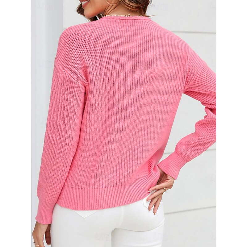 Women's Sweater Stylish Solid Color Crochet V Neck Braided Long Sleeve Regular Tops Knit Work Black Pink Spring Fall2