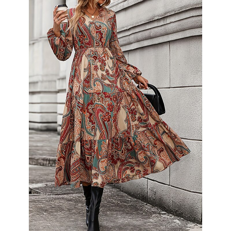 Women's Maxi Dress Casual Dress Boho Dress Casual Daily Loose Fit Graphic Long Sleeve V Neck Brown Spring Fall4