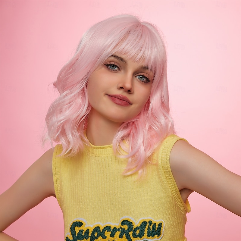 Synthetic Wig Uniforms Career Costumes Princess Curly Wavy Middle Part Layered Haircut Machine Made Wig 14 inch Pink+Red Synthetic Hair Women's Cosplay Party Fashion Pink4