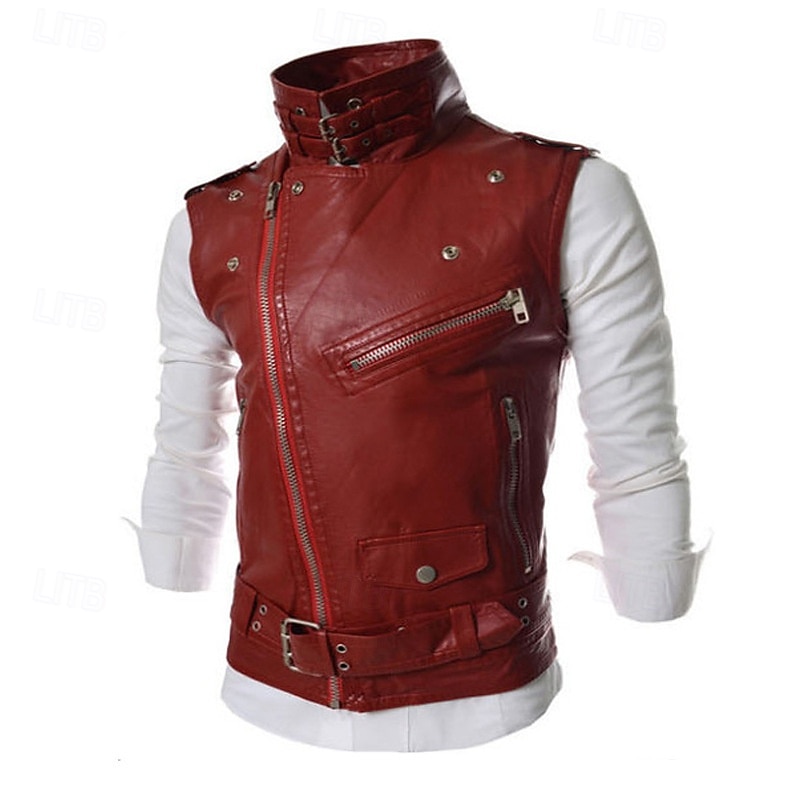 Men's Vest Gilet Leather Vest Daily Date Vacation Fashion Casual Spring &  Fall Pocket Polyester Comfortable Plain Zipper Lapel Regular Fit Black White Red Vest2