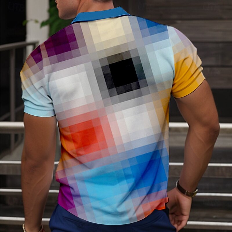 Men's Plaid Golf Shirt Short Sleeve Polo Shirts Collared Shirts Vintage Casual Vacation Wear Formal Wear Festival Wear Buttons 3D Print Summer Black Blue Orange4