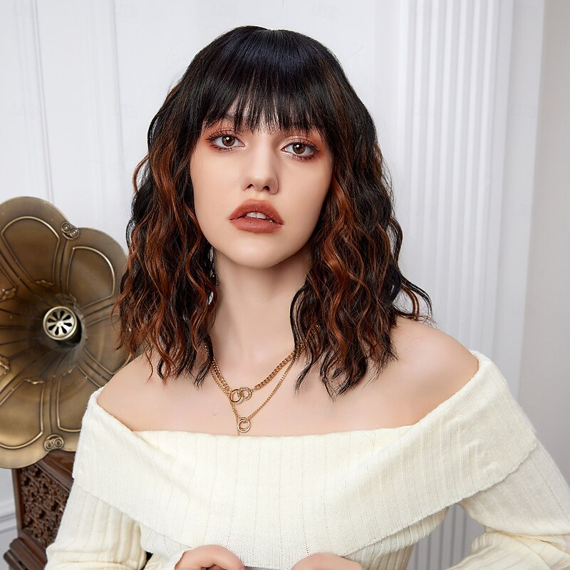 Cosplay Costume Wig Curly Bouncy Curl Bob Neat Bang With Bangs Wig 14 inch Black / Brown Synthetic Hair Women's Elastic Adorable Comfortable Dark Brown4