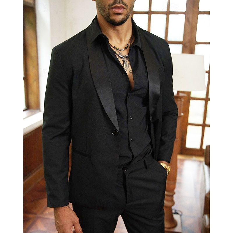 Men's Graduation Blazer Business Cocktail Party Wedding Party Fashion Casual Spring &  Fall 65% Cotton Plain Pocket Buttons Comfortable Single Breasted Blazer Black3