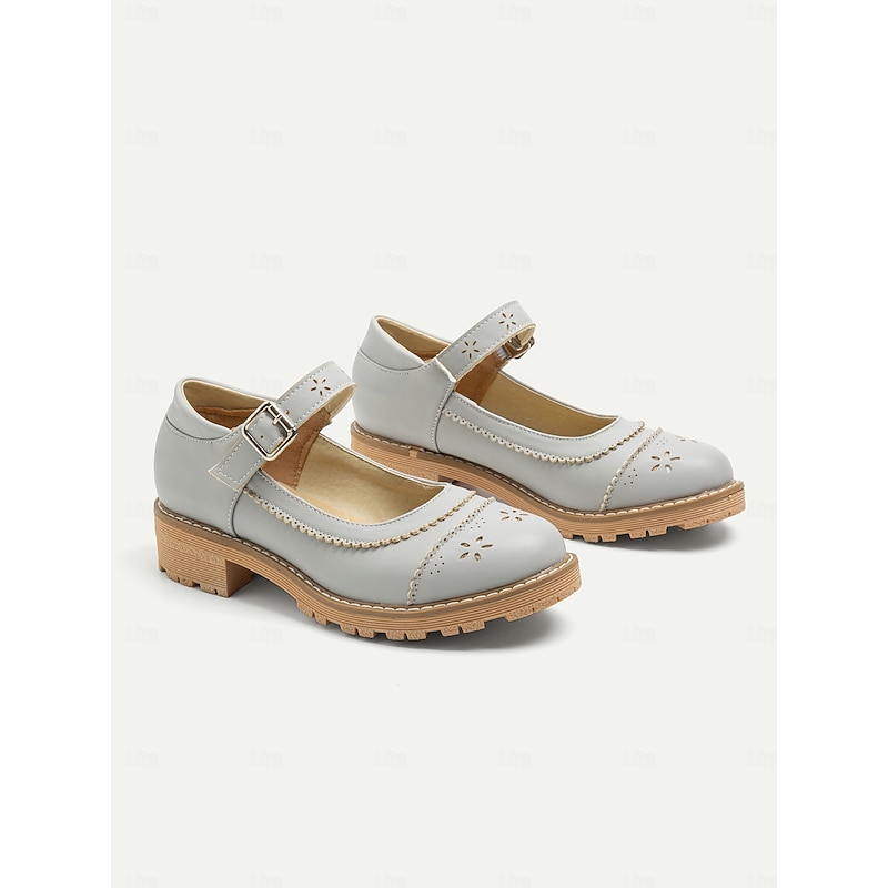 Women's Vintage Mary Jane Flats - Grey Leather with Cutout Floral Design and Buckle Strap, Perfect for Casual and Formal Wear4