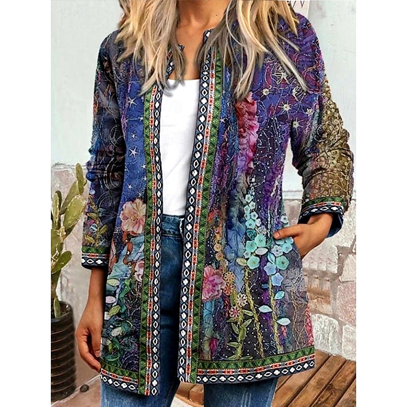 Women's Casual Lightweight Coat Open Front Jacket Dailywear Long Sleeve WVith Pocket Square Neck Print Floral Casual / Boho Vintage Loose Fit Outerwear Long Sleeve Spring Ocean Blue S