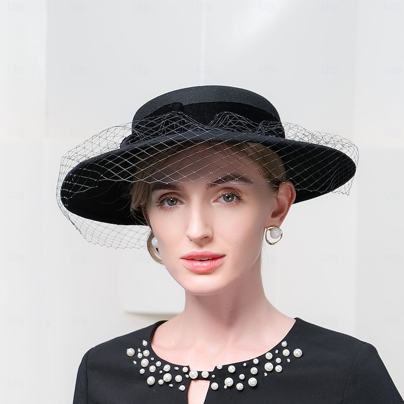 Hats 100% Wool Bowler / Cloche Hat Fedora Hat Holiday Tea Party Elegant Wedding With Face Veil Headpiece Headwear