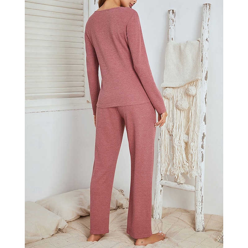 Women's Loungewear Pajama Set Waffle Knit Casual Comfort Home Bed Comfort Breathable V Wire Short Sleeve Pullover Pant Spring Fall Black Red Home Outfits3