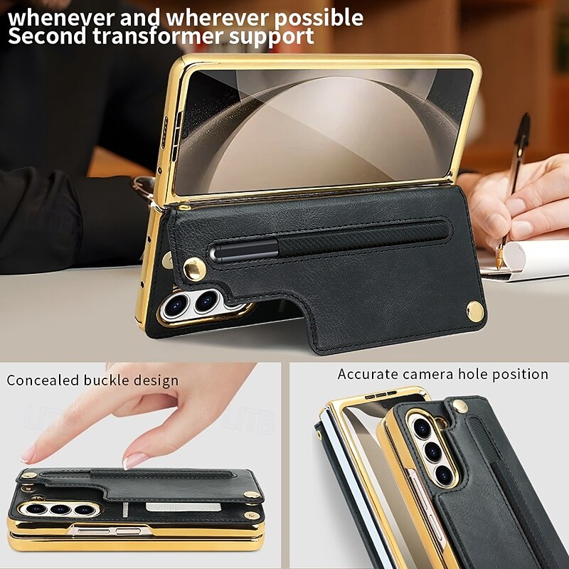 Phone Case For Samsung Galaxy Z Fold 6 Z Fold 5 Z Fold 4 Back Cover with Stand Holder with Screen Protector with Wrist Strap Retro TPU PU Leather3